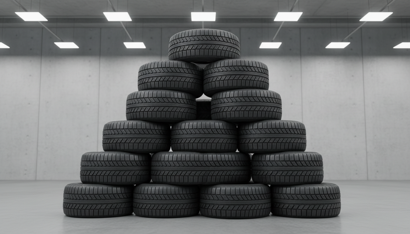 A meticulously arranged stack of premium black rubber tires featuring deep, defined tread patterns and crisp sidewall branding, each tire pristine and free of blemishes. The stack is placed symmetrically against a smooth, light gray industrial wall in a spotless, high-ceiling warehouse space. Overhead LED lights provide clean, even illumination, producing well-defined edges and soft shadows underneath the tires. The atmosphere is highly professional and orderly, conveying reliability and corporate precision. Captured from a slightly elevated, front-facing angle with sharp focus across the image. The composition uses clean lines and a balanced, centered arrangement, resulting in a photographic realism that matches the sleek, structured aesthetic of a modern trading business. This image exemplifies high-quality tire products showcased in a corporate setting, supporting the site’s focus on professionalism and expertise in tire trading.