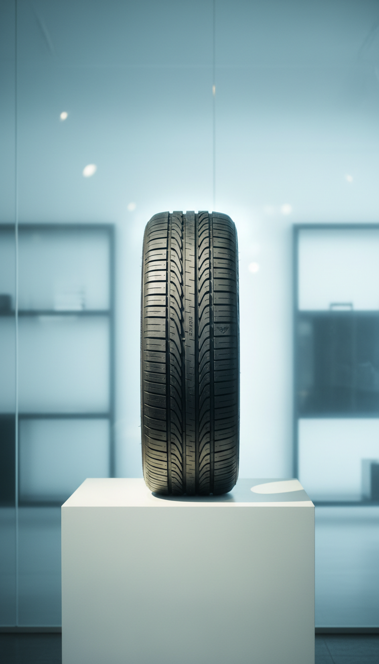 A close-up view of a single high-performance tire positioned upright on a pristine white plinth, with intricate tread textures and subtle embossed branding clearly visible. The plinth stands in front of a large frosted glass panel that diffuses cool natural daylight, softly illuminating the tire and creating a halo-like glow around its edges. The background remains tastefully minimal, with only shadowed suggestions of geometric shelving. The mood is calm, crisp, and sophisticated, evoking a sense of meticulous care and state-of-the-art product evaluation. The angle is straight-on at eye level, filling the frame with tire details while maintaining clean negative space. The image adheres to a minimalist, photographic style, emphasizing the tire's craftsmanship and reinforcing the site’s businesslike, trustworthy personality.